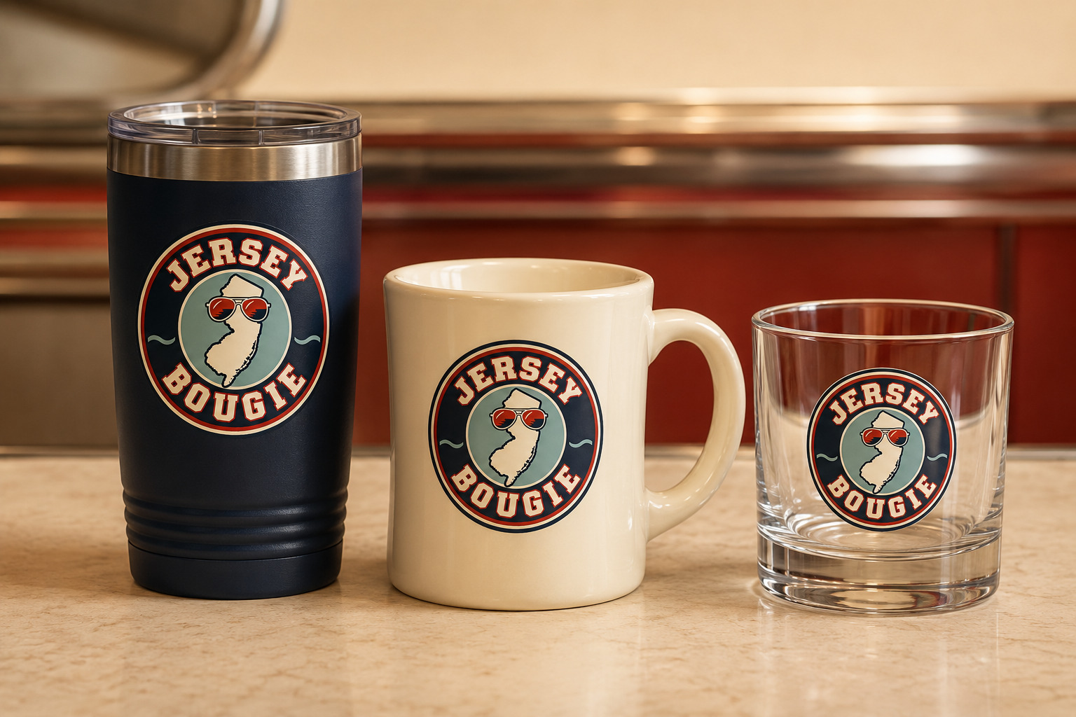 Jersey Bougie tumbler, diner mug, and rocks glass product concepts