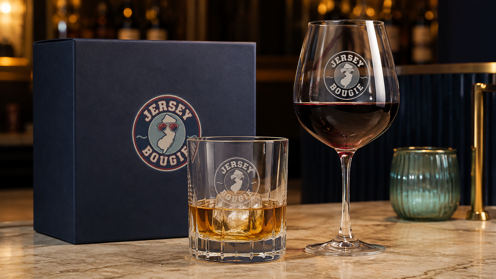 Jersey Bougie etched crystal bourbon and wine glass concepts