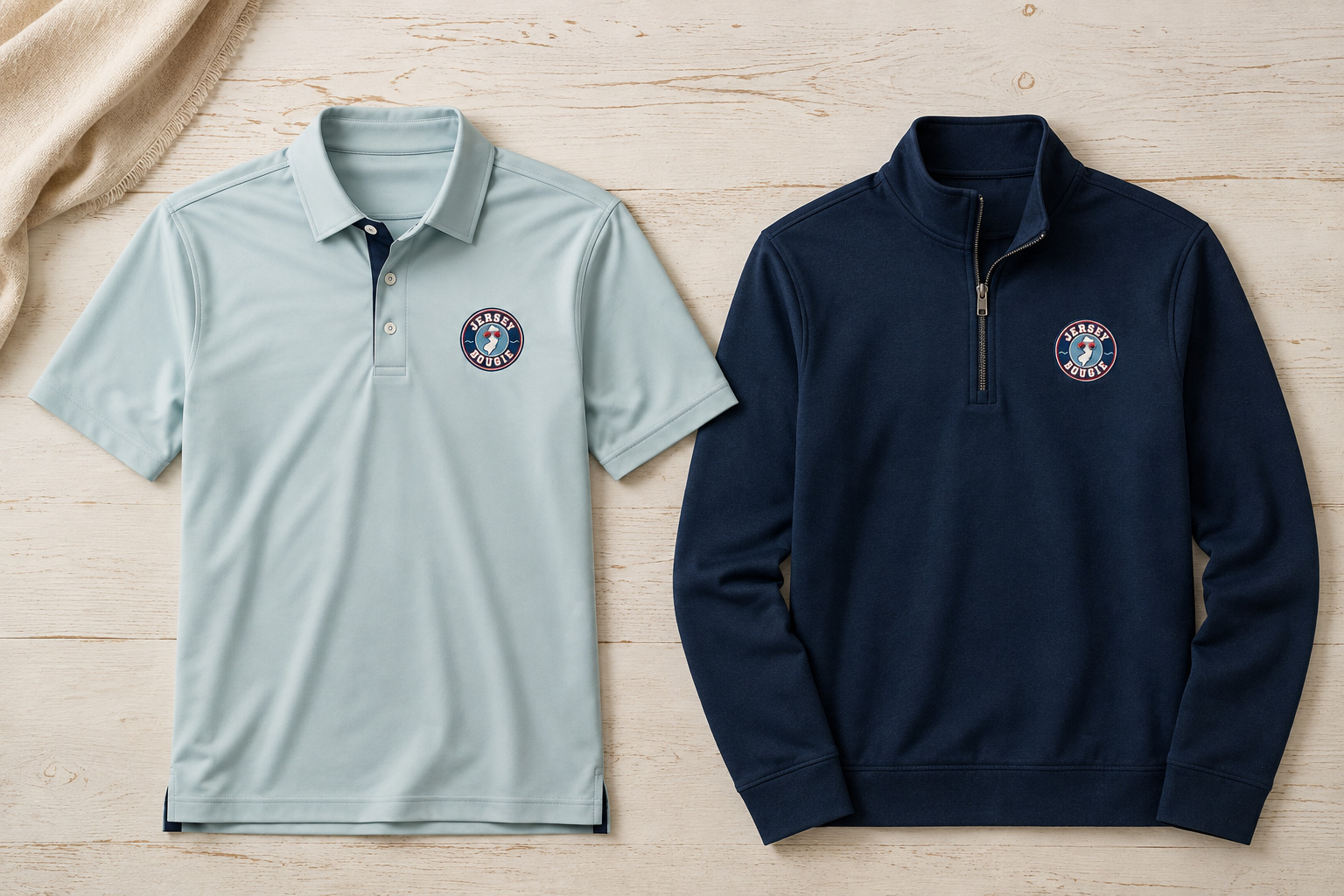 Jersey Bougie sea-glass performance polo and navy men's quarter-zip concepts