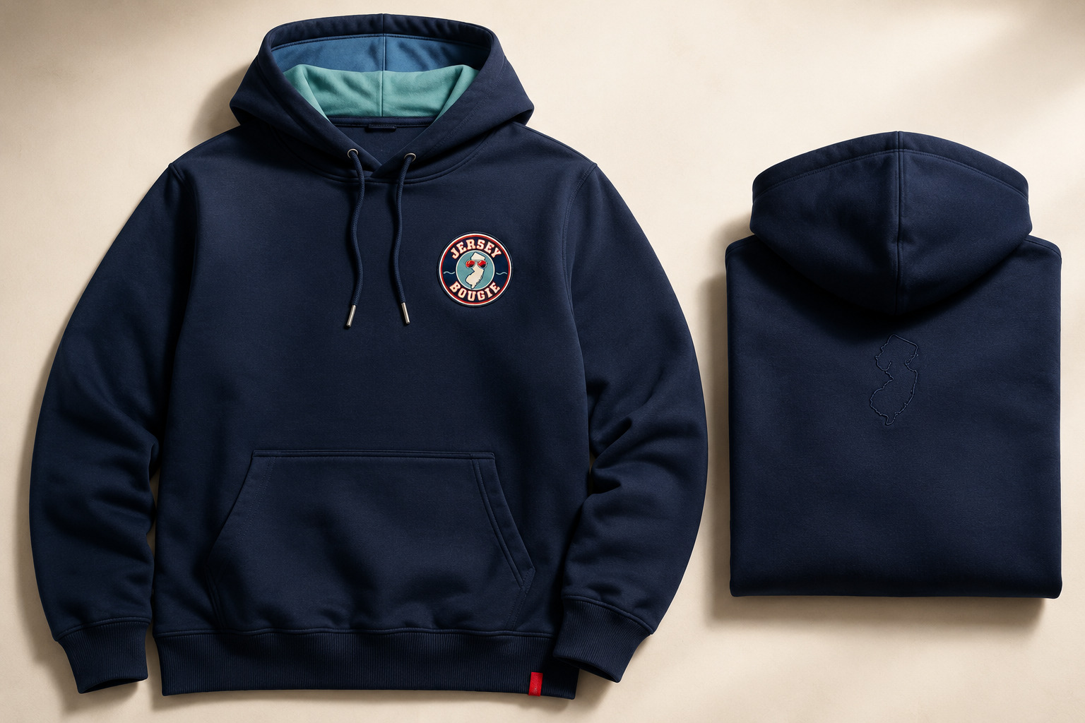 Premium navy Jersey Bougie hoodie with embroidered badge and tonal New Jersey back detail