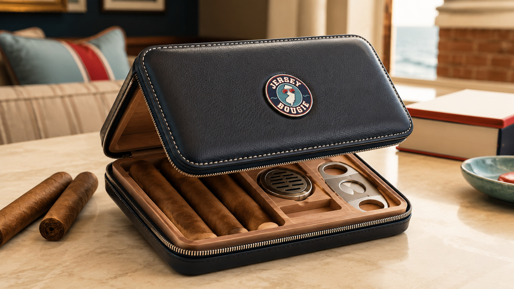 Jersey Bougie navy leather portable cigar humidor concept with cedar interior