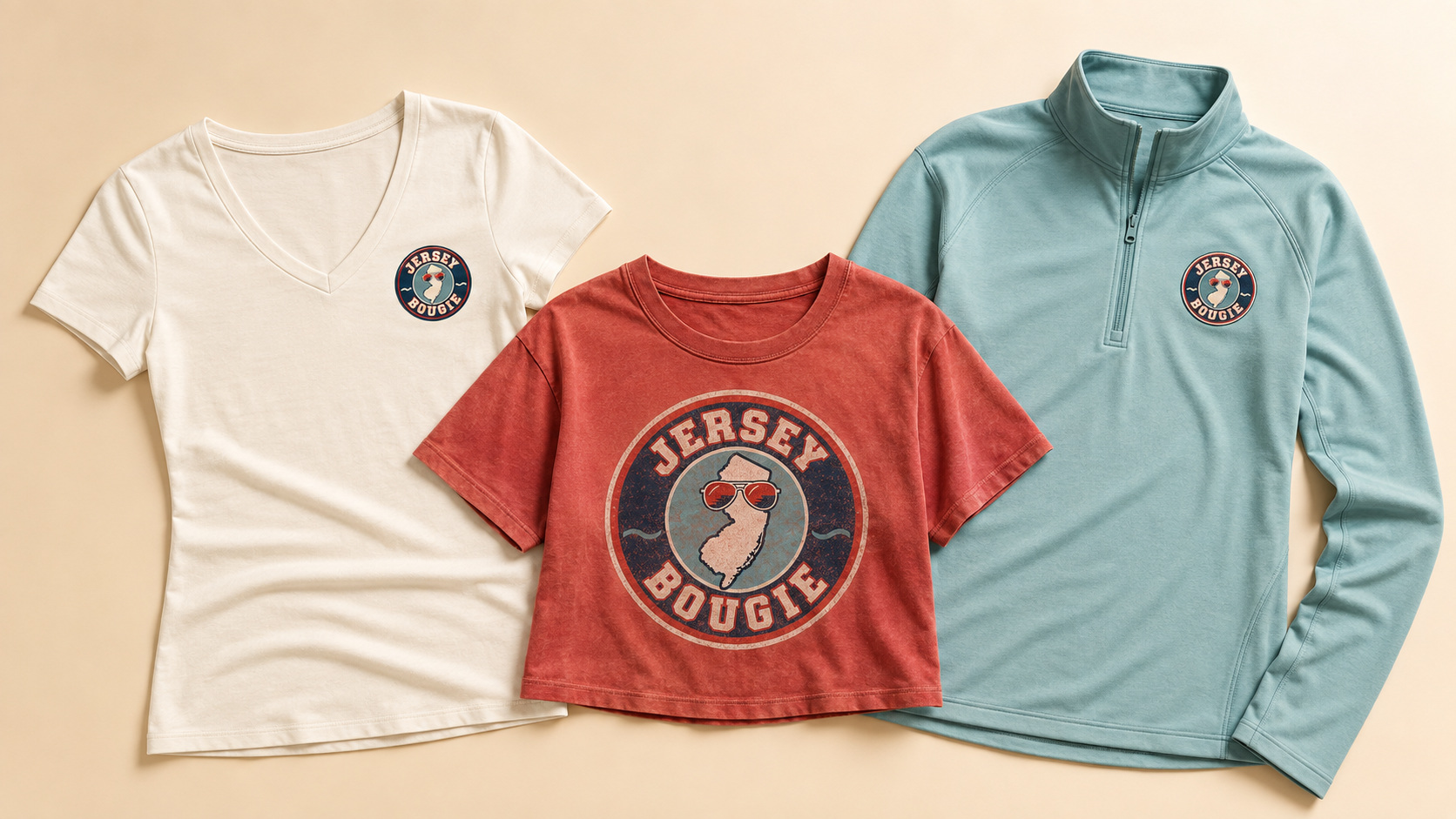 Jersey Bougie women's V-neck, vintage tee, and quarter-zip concepts